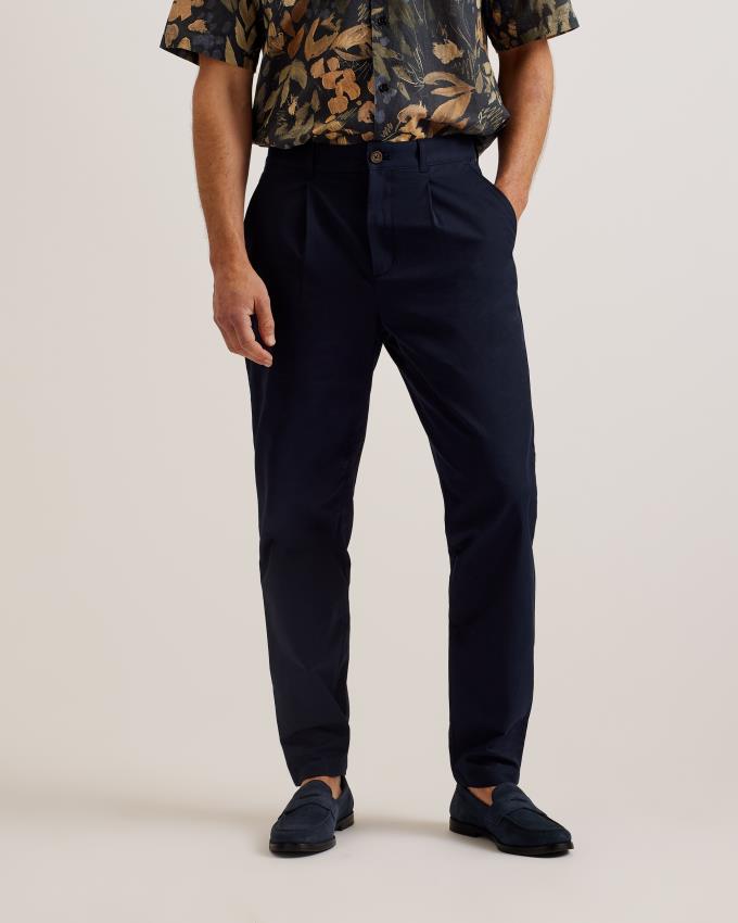 Pantalon Ted Baker Tapered Fit Pleated Cotton Bleu Marine Homme | VSV-93698347